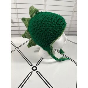 Handmade Green Dinosaur Hat Crocheted Spikes Ears Tassels Kids Toddler
